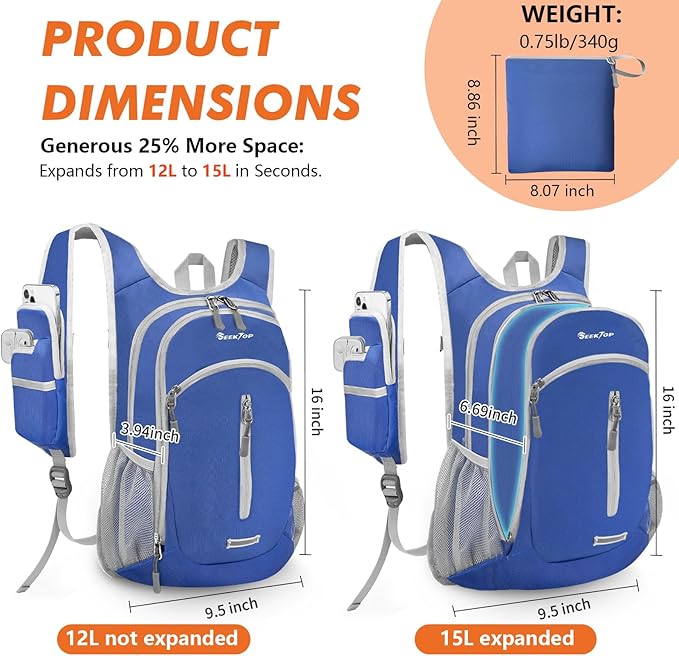 Seektop Small Hiking Backpack 12L to 15L Expandable Travel Packable Waterproof Daypack Lightweight Hiking Bag for Women Men