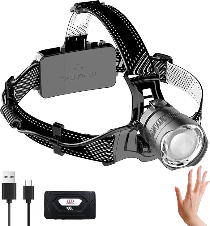 Headlamp Rechargeable -120000LM Super Bright HeadLamp, 3Modes 40H Runtime LED Headlamp, Waterproof HeadLights for Forehead, 90° Adjustable & Zoomable Headlamps for Adults Camping Hiking Fishing