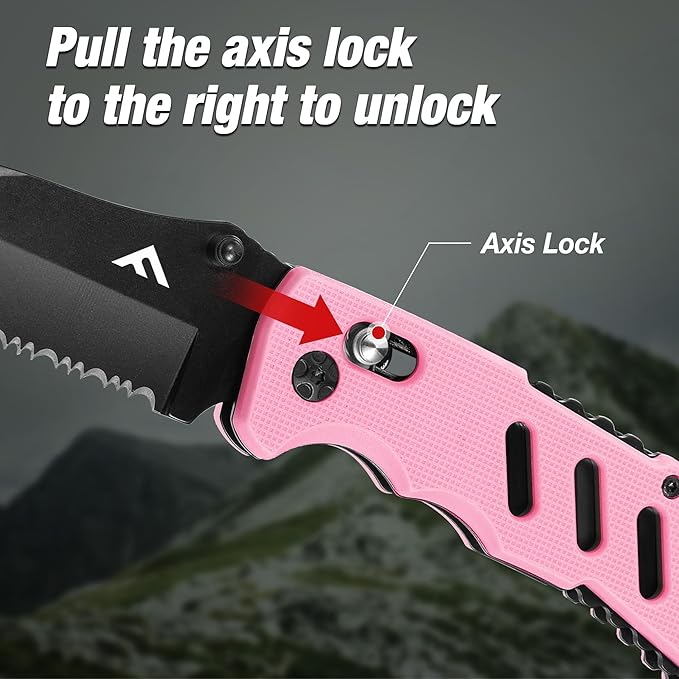 FLISSA Folding Pocket Knife with Clip, Glass Breaker and Seatbelt Cutter, Survival Knife for Emergency Rescue Situations, EDC Knife for Tactical, Hunting, Camping, Outdoor, Unique Gifts for Dad, Father-Pink