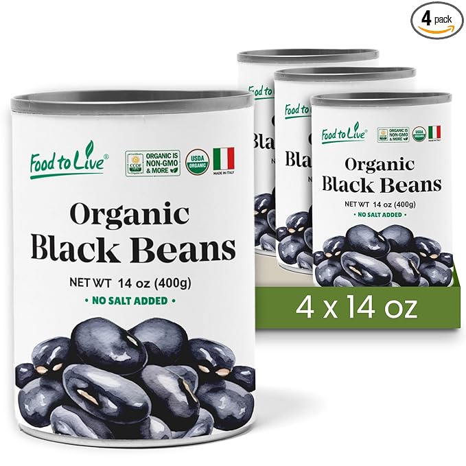 Food to Live Organic Canned Black Beans, 14 oz (Pack of 4) - Unsalted Non-GMO Frijoles Negro. Perfect for Salads, Soups, Stews. Vegan. Made in Italy