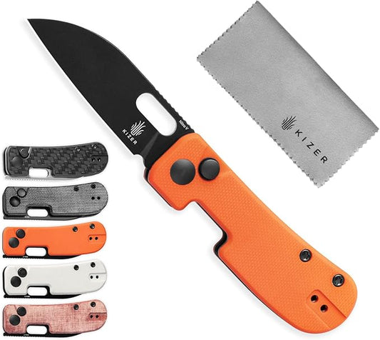 Kizer Banish Folding Knife 2.3 In Nitro-V Steel Blade Pocket Knife with Thumb Hole G10 Handle Button Lock Small EDC Knife, Sharp Camping Survival Hiking Knives for Men Women, V2676A2