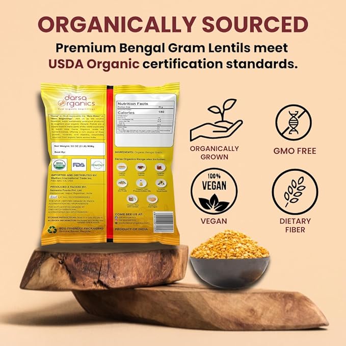Darsa Organics Chana Dal 2 lb ??USDA Organic Split Bengal Gram (Yellow Chickpeas), Non-GMO, Chemical-Free ??Yellow Lentils for Dal, Khichdi, Soups, Salads, Veggie Burgers & Patties