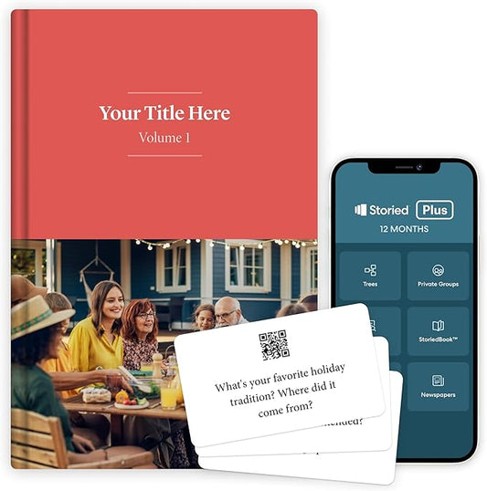 Storied Family Tree Kit, Ancestry & Family History Research with Memory Keepsake Book & Conversation Cards, Genealogy Story Telling Set, 12-Month Subscription to Plus & StoriedBook??Studios