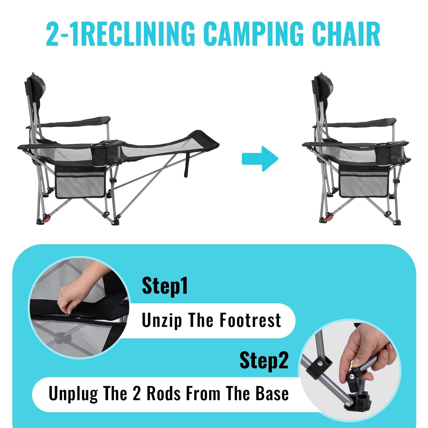 #WEJOY 2-in-1 Reclining Camping Chair with Footrest for Adults Folding Lounge Chair with Adjustable