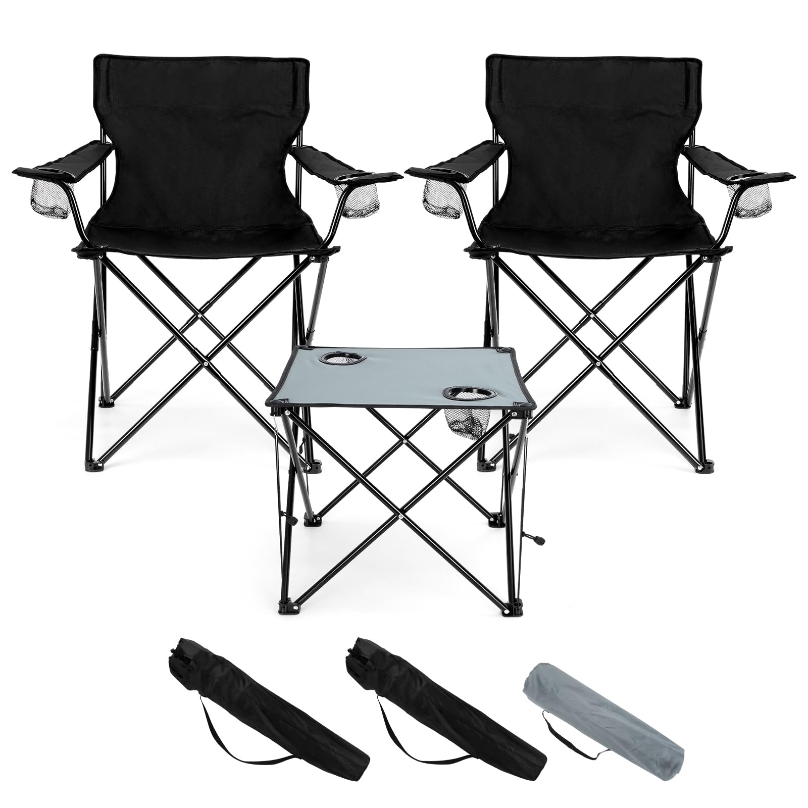 HaSteeL Folding Camping Chair Set of 3, Foldable Black Camp Chairs & Grey Table, Large Lawn Chair
