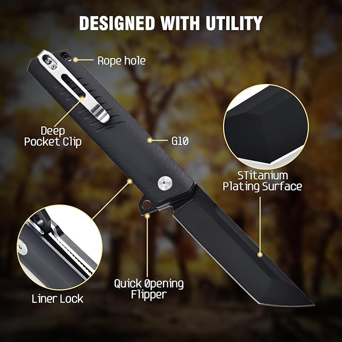 Folding Pocket Knife with D2 Steel Blade, G10 Handle, Black, EDC Knife, Pocket Clip for Camping