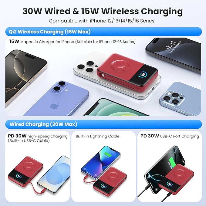 Magnetic Portable Charger 10800mAh with Built-in Cables,5-in-1 Qi2 Certified 15W Wireless Power Bank with iWatch Charger,30W PD Fast Charging USB-C Battery Pack for iPhone 17/16/15/14/13/12 Series-Red