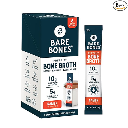 Bare Bones Bone Broth Instant Powdered Beverage Mix, Ramen, Pack of 8, 15g Sticks, 10g Protein, Keto & Paleo Friendly, Non-GMO, Gluten-Free, Dairy-Free