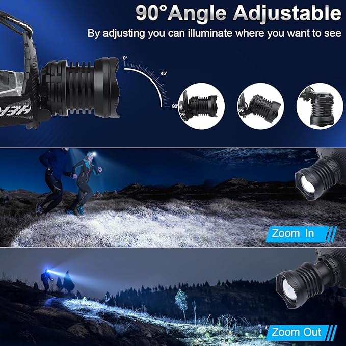 Rechargeable LED Headlamp 1080 Lumen, Super Bright Head Lamp Flashlight with 5 Lighting Modes, IPX6 Waterproof, Zoomable Headlight for Camping, Hiking, Fishing, Biking (2packï¼?(2pack headlamp)