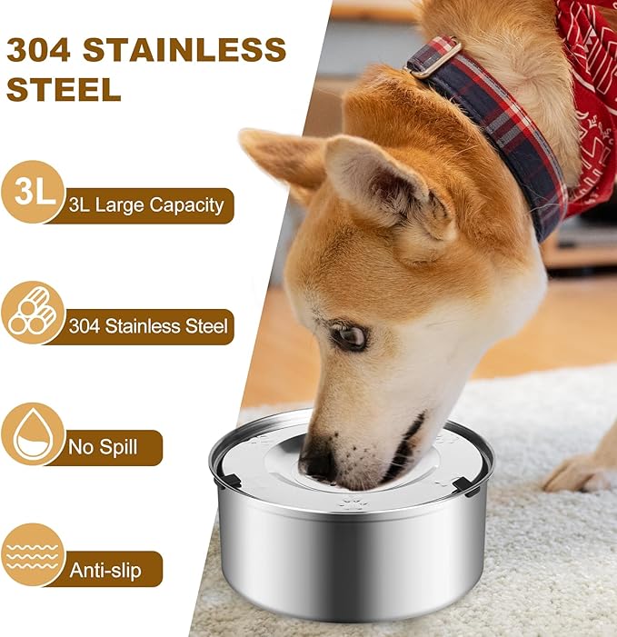 3L/101oz Dog Water Bowl No Spill, No Spill Water Bowl for Dogs|Spill Proof, Stainless Steel Slobber Stopper for Messy Drinkers, Small Medium & Large Dogs