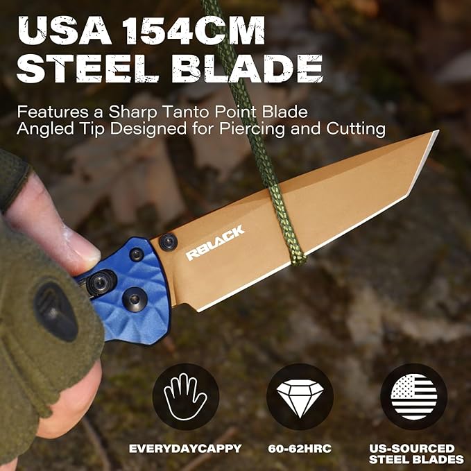 RBLACK Folding Knife with 3.39'' 154CM Steel Tanto Blade, Pocket Knife for Men Women Gifts, Axis Lock EDC Tactical Knife with Lightweight Aluminum Handle, Reversible Pocket Clip - RK0403-BL