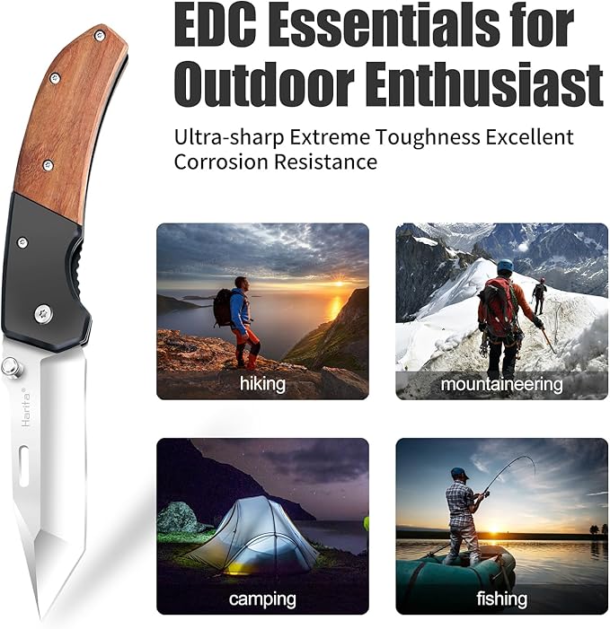 Harita Pocket Knife for Men, Folding Utility with Pocket Clip, Wood Handle EDC for Women with 3.4″ Sliver Steel Blade, Camping Knife, Hunting, Hiking - Father's Day Gift (Sliver, 3.4 inch Classic Blade)
