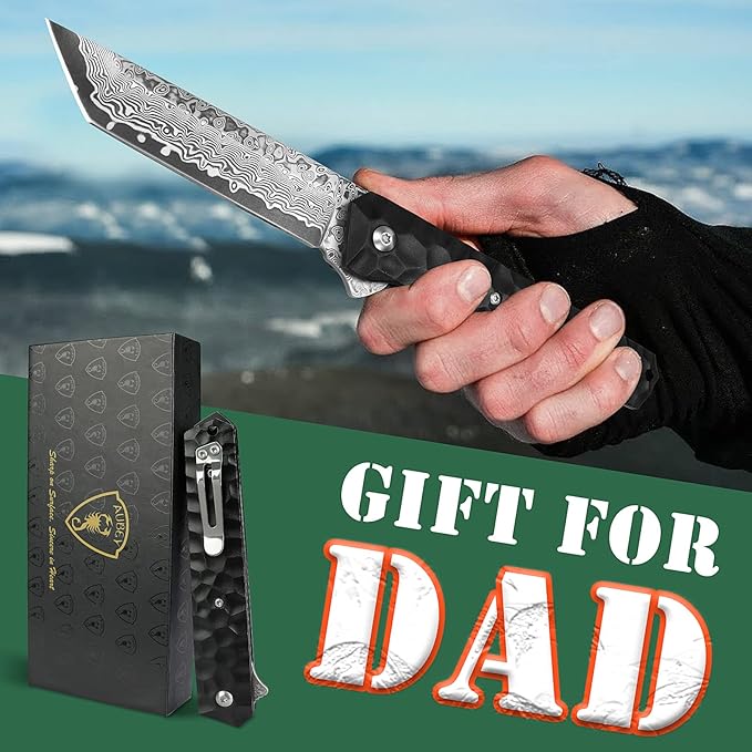 AUBEY Damascus Pocket Knife, Tanto VG10 Core Damascus Steel Folding Knives with Ball Bearing, Aluminum Alloy Non-Slip Handle and Glass Breaker, EDC Damascus Knife for Men Women (Black)