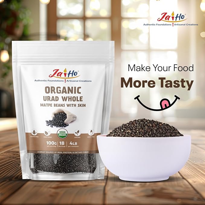 Jai Ho Certified Organic Kabuli Chana Garbanzo Beans 4 lb | Chickpeas Lentils | Indian Kabuli Chole Chana | USDA Organic | Non-GMO | Chemical-Free | Premium Quality Kosher (4 Pound, Urad Whole (With Skin))
