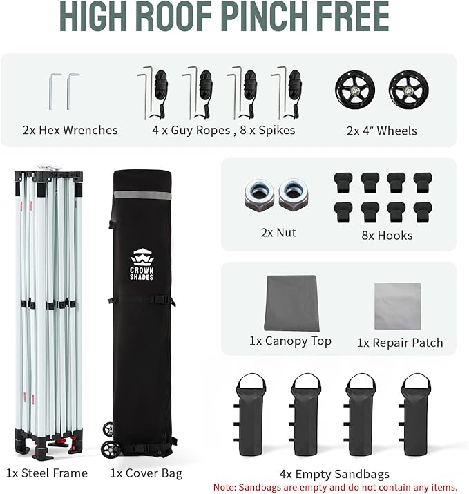 CROWN SHADES 10x15 Pop Up Canopy Tent, Thicken Frame Commercial Heavy Duty Tent, 8 Stakes & 4 Sandbags & 4 Ropes, Outdoor Canopies for Events, Parties,Grey