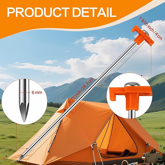 10 Pack Tent Stakes - 9.75 Inch Galvanized Non-Rust Ground Stakes Heavy Duty Canopy Anchors Metal Tent Pegs for Camping, Garden, Hiking, Orange