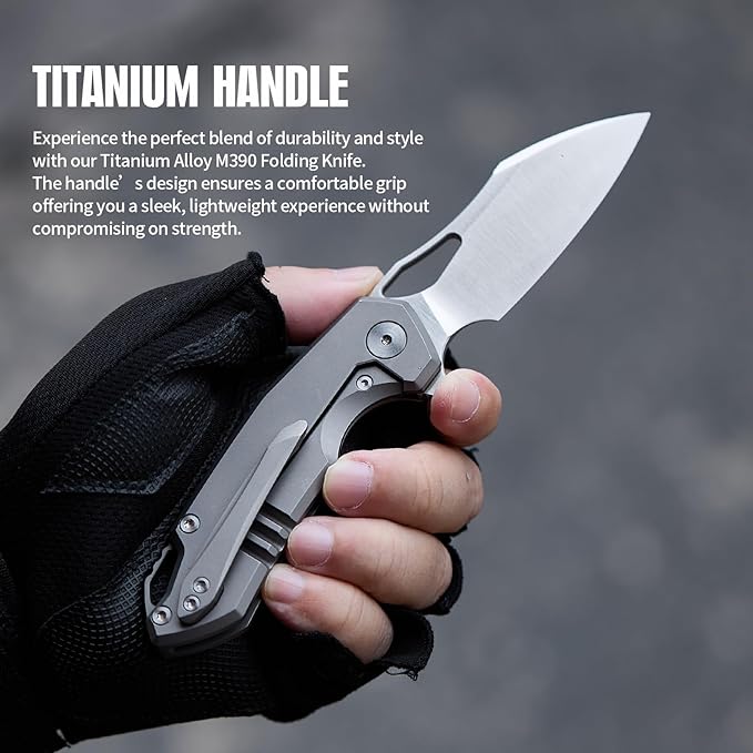 Folding Knife pocket knife EDC Knife With Clip Survival knife Camping knife - M390 Steel Titanium Handle - Outdoor Camping Hiking Survival Hunting knife with Sheath Gifts For Men (Grey)