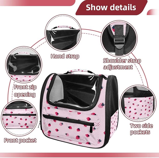 Pink Strawberry (2) Pet Cat Backpack Carrier for Kitty Small Dog, Ventilated Pet Carrier Bag for Car, Walking, Hiking, Outdoors