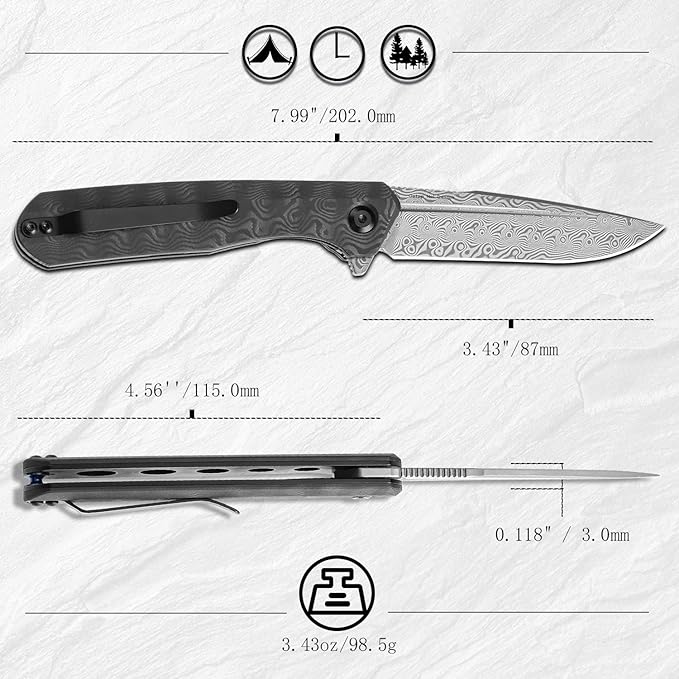 KANSEPT Qilin Pocket Knife,3.24'' Damascus Sharp Blade, Black Rose Carbon Fiber Handle for Edc, Flipper and Liner Lock with Double-Sided Clip, Men Camping Survival Folding Knives K1047A2
