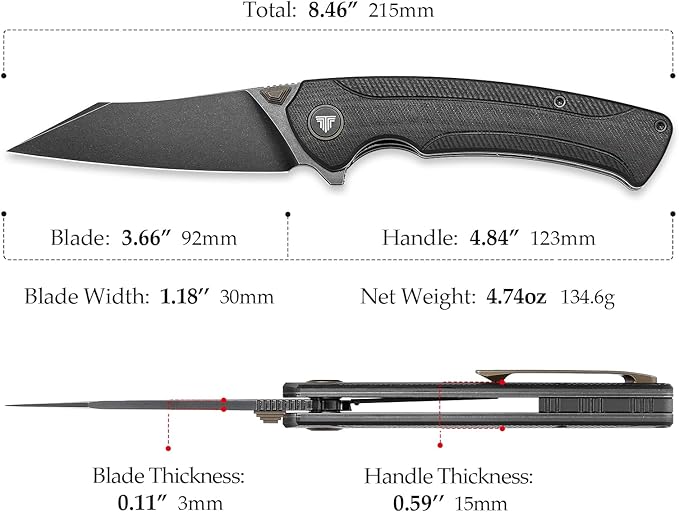 Folding Pocket Knife for EDC Men,3.66" Ti Stonewash S35VN Steel Blade Outdoor Camping Survival Hiking Knife with Ti Thumb Studs and Flipper Opener & Ball Bearing Pivot,Lynx-03B