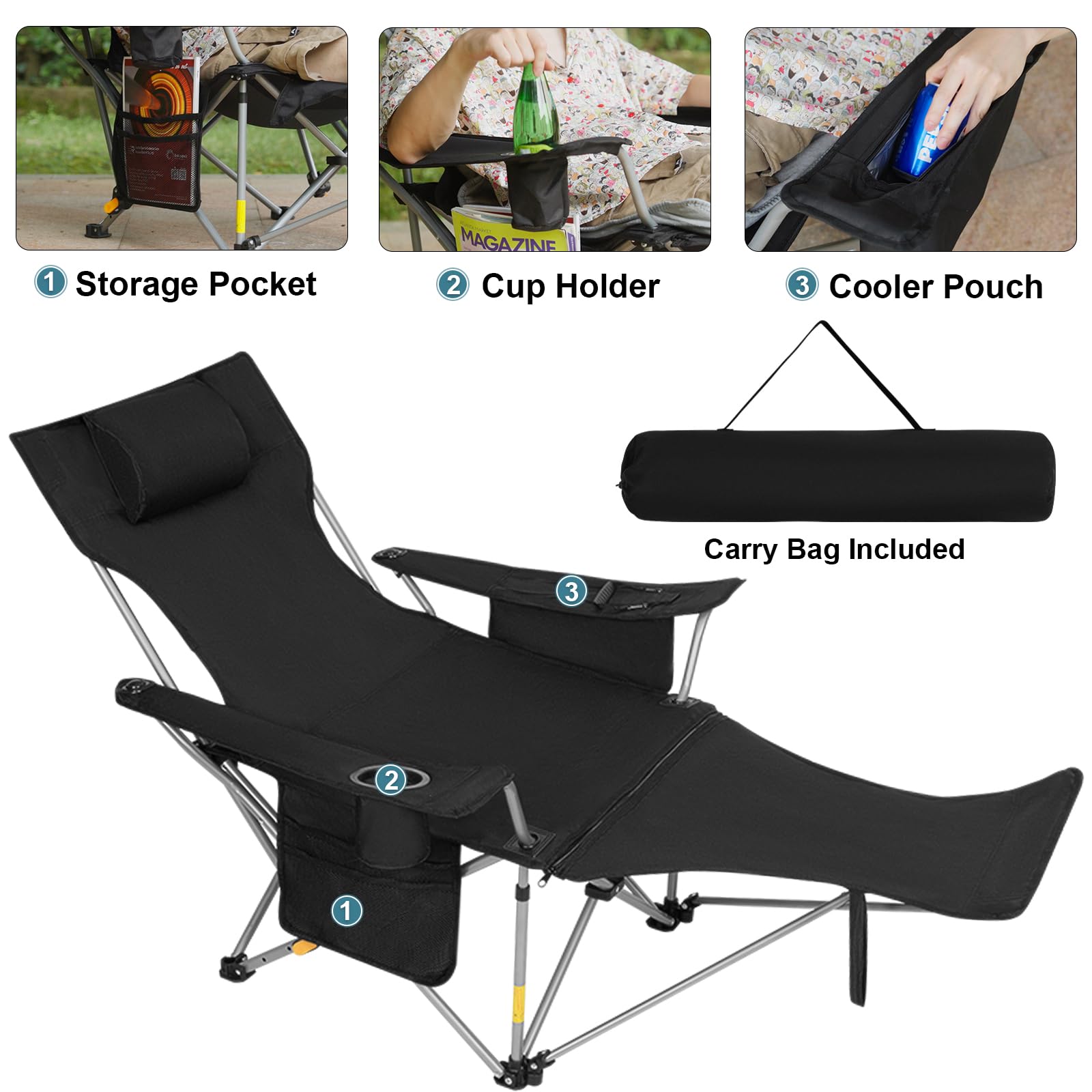 Romswi 2Pack 4-Position Reclining Camping Chair with Removable Footrest, 2-in-1 Adjustable Portable