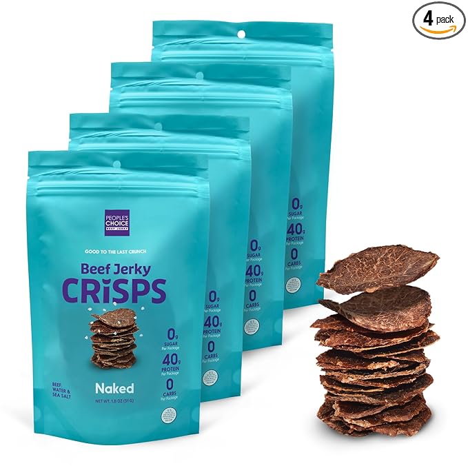 People's Choice Beef Jerky - Jerky Crisps - Naked - Three Ingredients - Beef, Water, Sea Salt - Sugar Free, Zero Carb, Gluten Free, Keto Friendly, Carnivore Diet, 40g Protein per Package - Thin, Crispy, Crunchy - 1.8 OZ (4 Pack)