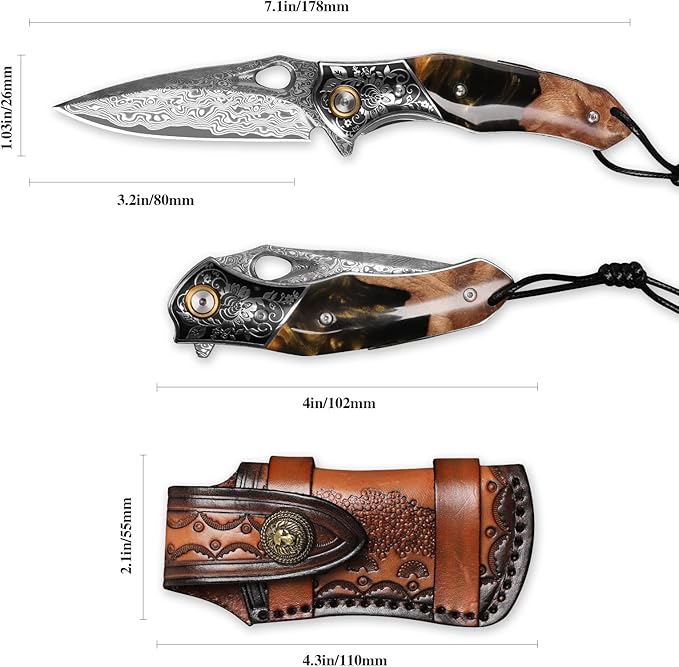 handmade Japan Damascus steel pocket knifeï¼?.1" VG10 blade men and women Folding knife，With holster，Lining lock，resin and Maple handle，Suitable for EDC outdoor camping，go fishing hunting