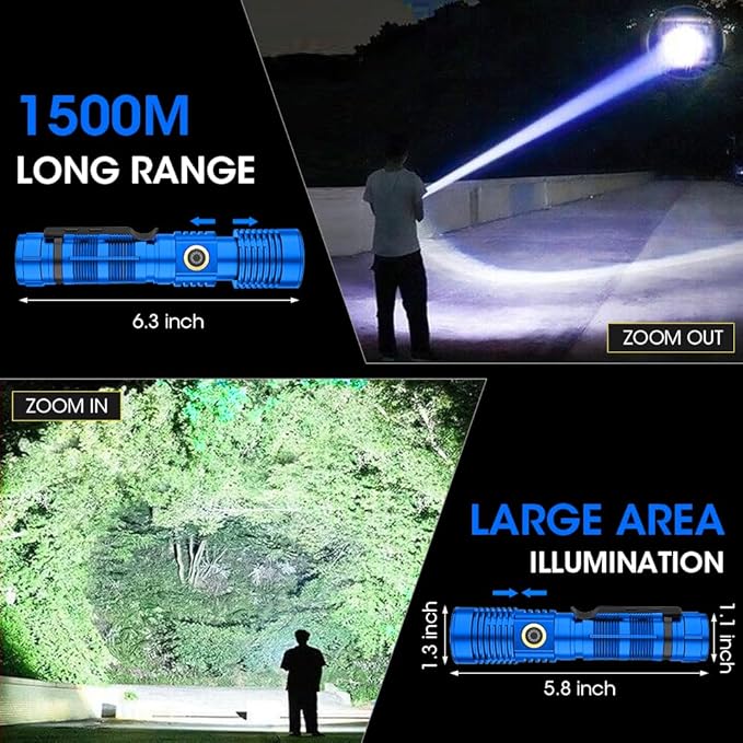 Rechargeable Flashlight High Lumens, High Lumens Super Bright Flash Light, Long-Range Zoomable LED Flashlights for Emergency, EDC, Searching, Waterproof Flashlight Dimmable Blue Pcs
