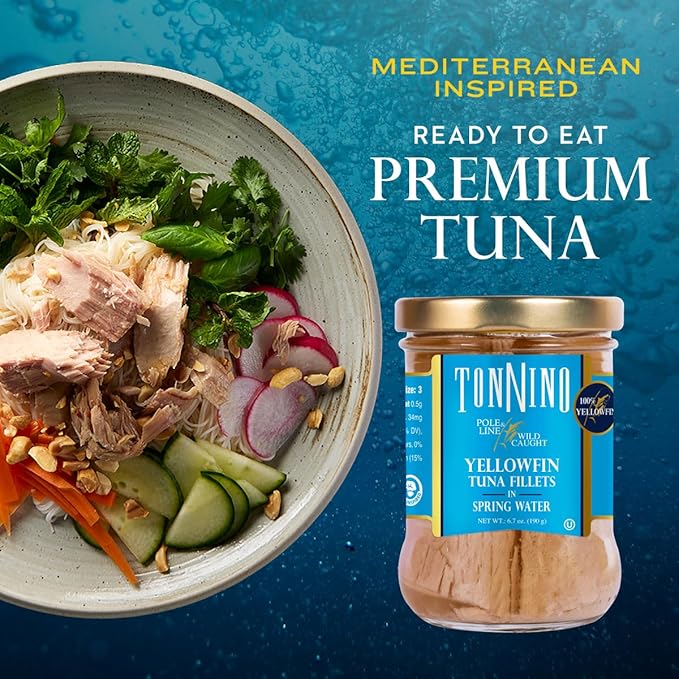 Tonnino Tuna Fish Yellowfin Pole&Line - Spring Water ??Pack of 6 ??Alternative to Salmon ??Protein Snacks ??Ready to Eat Meals