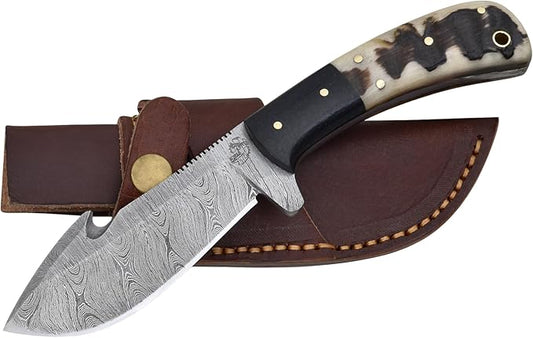 Knives Ranch Handmade Damascus Steel Gut-Hook Skinning Knife ??8.5" Full Tang Fixed Blade Outdoor Knife with Ram?™s Horn Handle & Heavy-Duty Leather Sheath ??Hunting, Bushcraft, Camping, Survival, Cowboy Ranch (2048-RH)