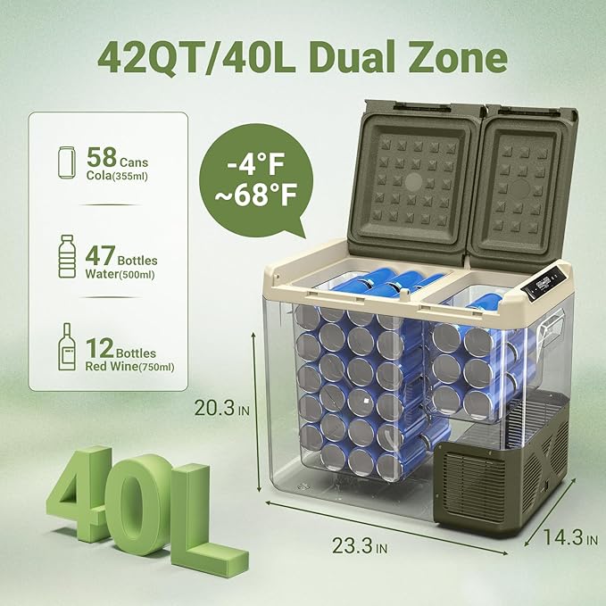 BODEGACOOLER 12V Portable Refrigerator, 42Quart (40L) Dual Zone Car Refrigerator, RV Car Fridge APP Control, -4℉-68℉Portable Freezer 12/24V DC 100-240V AC for Outdoor Camping Travel Vehicles Home Use