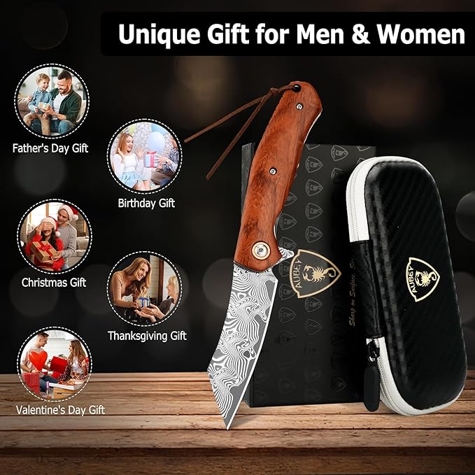 AUBEY Pocket Knife for EDC, 3.15" VG10 Core Damascus Steel Blade Folding Knife with Wood Handle, Liner Lock, Clip, Gift/Collection for Men Women
