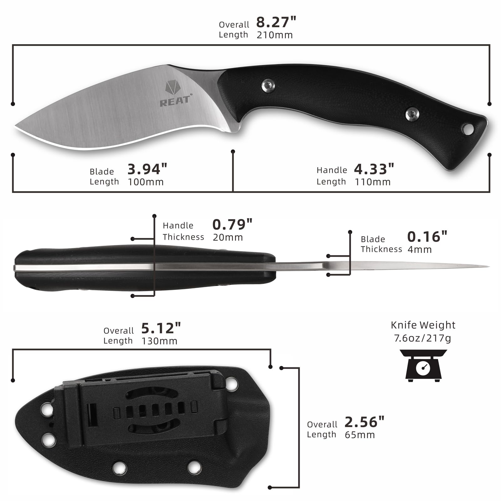 REAT Fixed Blade Knife with Kydex Sheath,4" D2 Steel Blade,Ergonomic G10 Handle for EDC Hunting