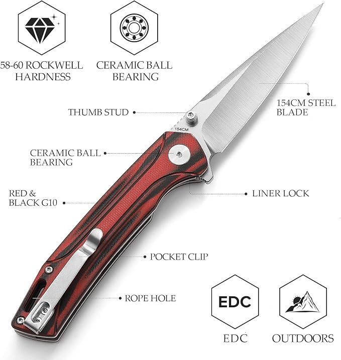 Pocket knife for Men，EDC Folding knives with Clip, 3.26" 154CM Steel Flipper Blade & G10 Handle & Thumb Stud,Gift for Camping Fishing Hiking Survival. Volans-03RB