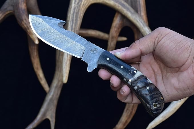 Knives Ranch Handmade Damascus Steel Gut-Hook Skinning Knife ??8.5" Full Tang Fixed Blade Outdoor Knife with Ram?™s Horn Handle & Heavy-Duty Leather Sheath ??Hunting, Bushcraft, Camping, Survival, Cowboy Ranch (2048-RH)