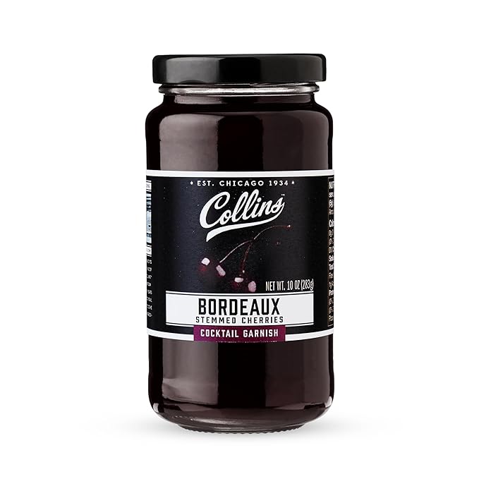 Collins Stemmed Black Cherries for Cocktails, Old Fashioned, Manhattan, and Whiskey Sour, Cocktail Cherry in Bordeaux Syrup, Garnish for Mocktails, Party Drinks, Baking, Desserts, 10 oz