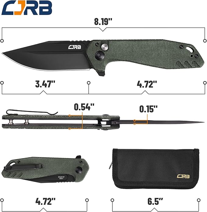 CJRB CUTLERY Folding Knife Riff (J1928) Button Lock Pocket Knife for Men Black PVD AR-RPM9 Steel Blade and Green Micarta Handle for Work Outdoor Hinking Camping