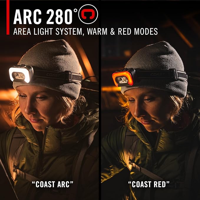 Coast RL35R Voice-Controlled 1100 Lumen Rechargeable LED Headlamp with ARC280??Lighting, 4 Color Modes, Rear-Facing Safety Signal, Variable Light Control and USB-C Charge Port