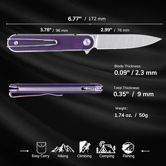 REALSTEEL IRIS Pocket Knife, Folding Knife, Flipper, Liner Lock, 2.99" 12C27 Steel Blade, Lightweight G10 Handle, 1.74oz, Deep-carry Pocket Clip, EDC Outdoor Indoor, Gifts for Men Women Camping Hiking Climbing Fishing (Purple G10)