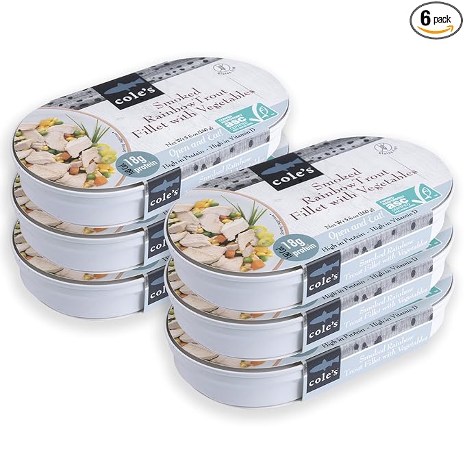COLE’S - Smoked Rainbow Trout Fillet with Vegetables | Ready to Eat Meal | 5.6 oz Hand-Packed Canned Fish | 18g Protein | High in Vitamin D | 6 pack