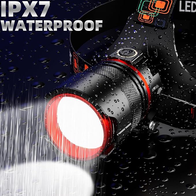 Headlamp 90000 LUMENS LED Rechargeable Head Lamps, Zoomable Headlight with 5 Modes & IPX7 Waterproof, 120° Adjustable Head Lights for Forehead for Outdoor, Camping, Hard Hat, Hunting,Fathers Day Gift