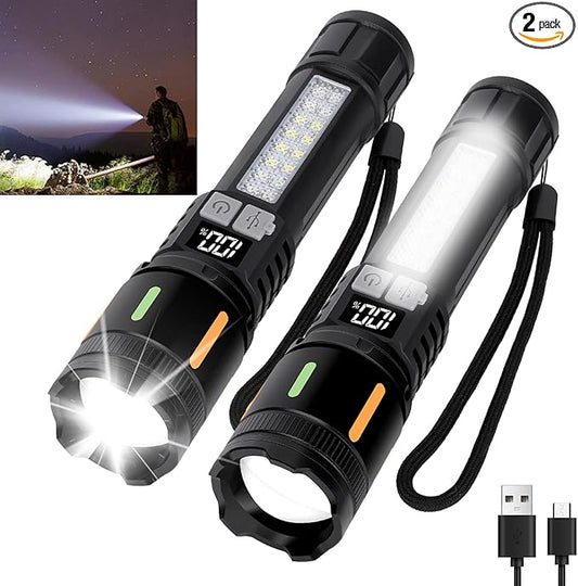 Rechargeable Flashlights High Lumens 900,000L (2 Packs), Super Bright LED Handheld Flashlight, 5 Modes Powerful Tactical Flash Light with Cob Side Light, USB C, Waterproof for Home, Emergency