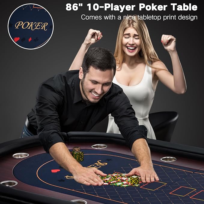 10 Player Foldable Poker Table, 86" Large Professional Folding Texas Holdem Poker Card Table, Portable Casino Table for Game Room with Padded Rails & Cup Holders