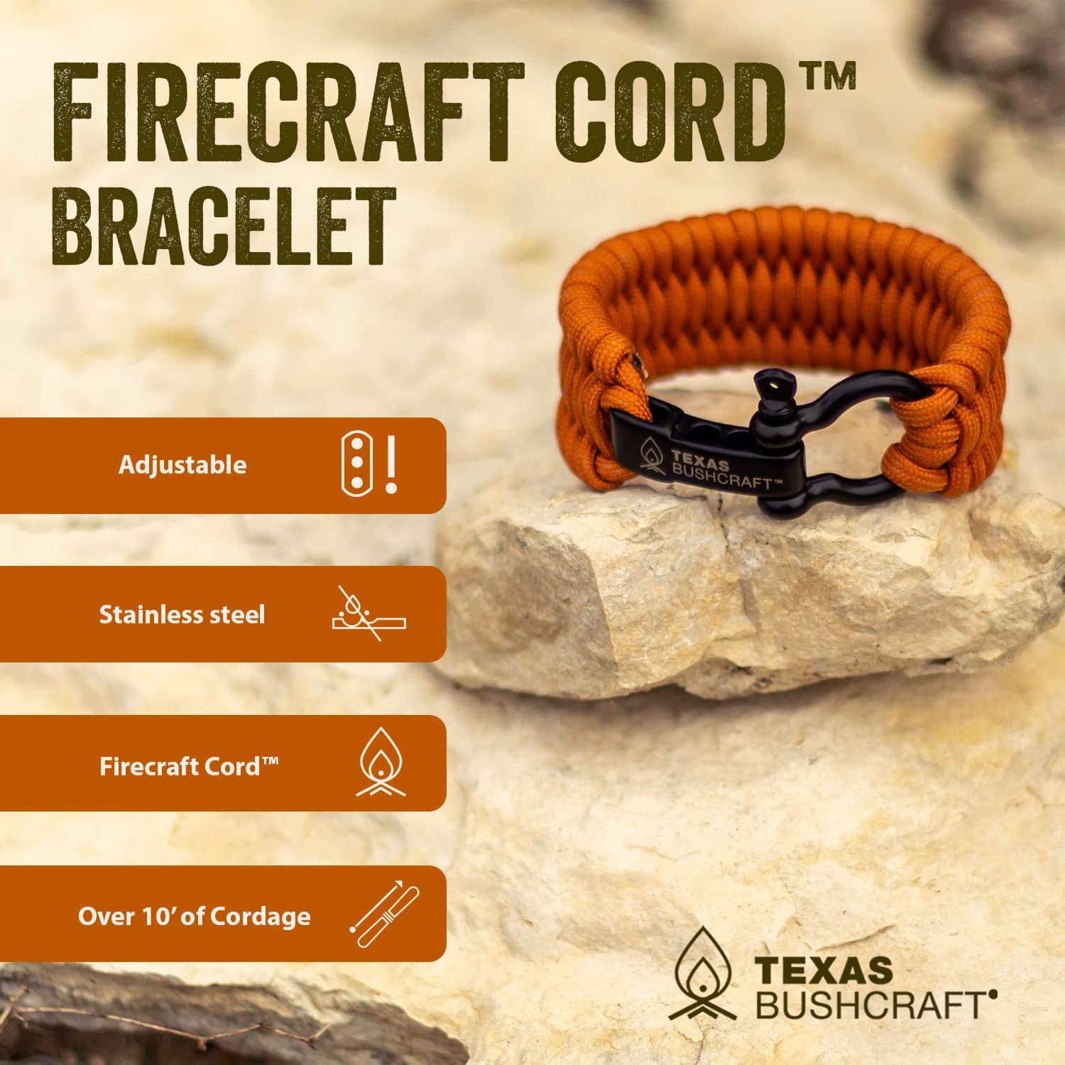 Texas Bushcraft Firecraft Cord Survival Bracelet – Paracord Bracelet with Bow Shackle for Camping