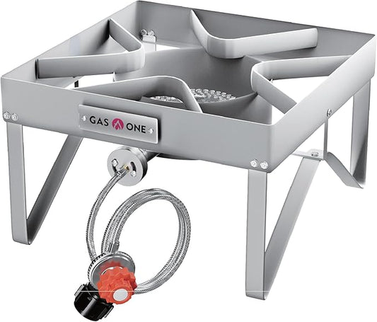 GasOne Stainless Steel Outdoor Propane Burner ??High Pressure Camp Stove with Adjustable Regulator & Steel-Braided Hose