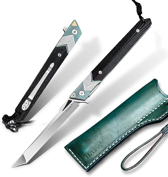 Folding Knife with Clip, 14C28N Steel Tanto Blade, Non-slip Titanium Alloy Handle Lightweight EDC Gentleman's Pocket Knife with Sheath for Belt