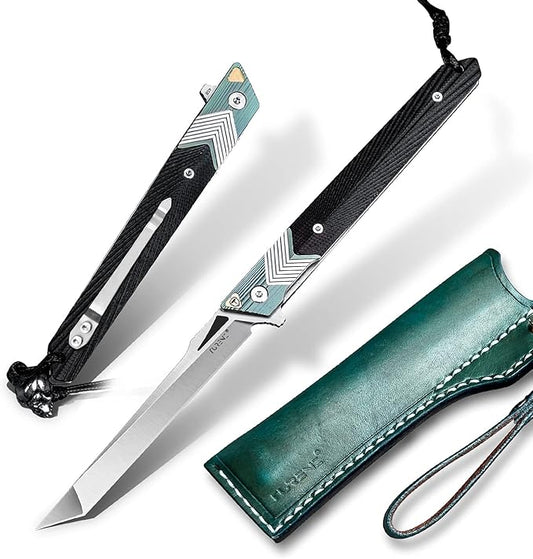 Folding Knife with Clip, 14C28N Steel Tanto Blade, Non-slip Titanium Alloy Handle Lightweight EDC Gentleman's Pocket Knife with Sheath for Belt