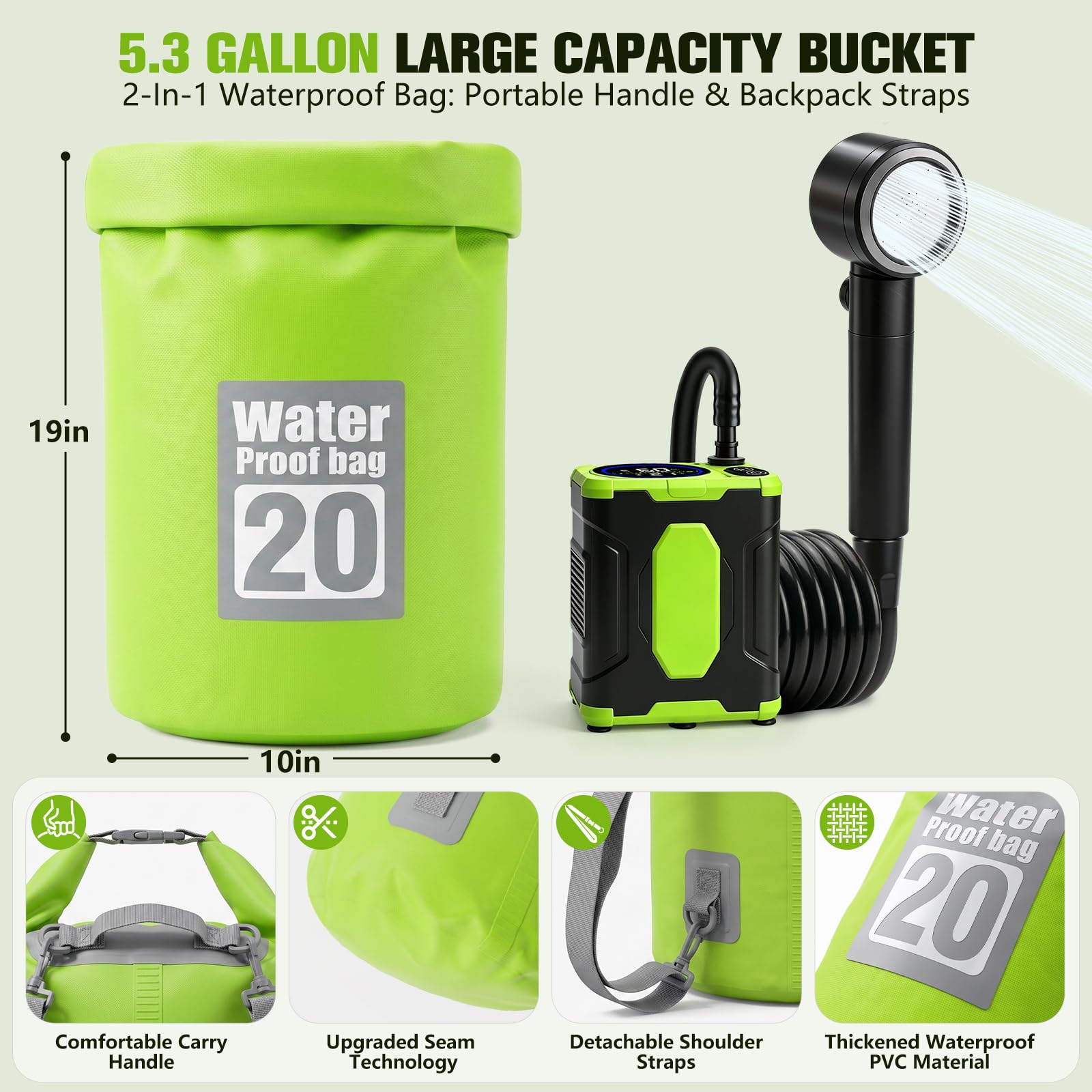 2026 Portable Shower For Camping With Waterproof Dry Bag,10000mAh Rechargeable Portable Camping