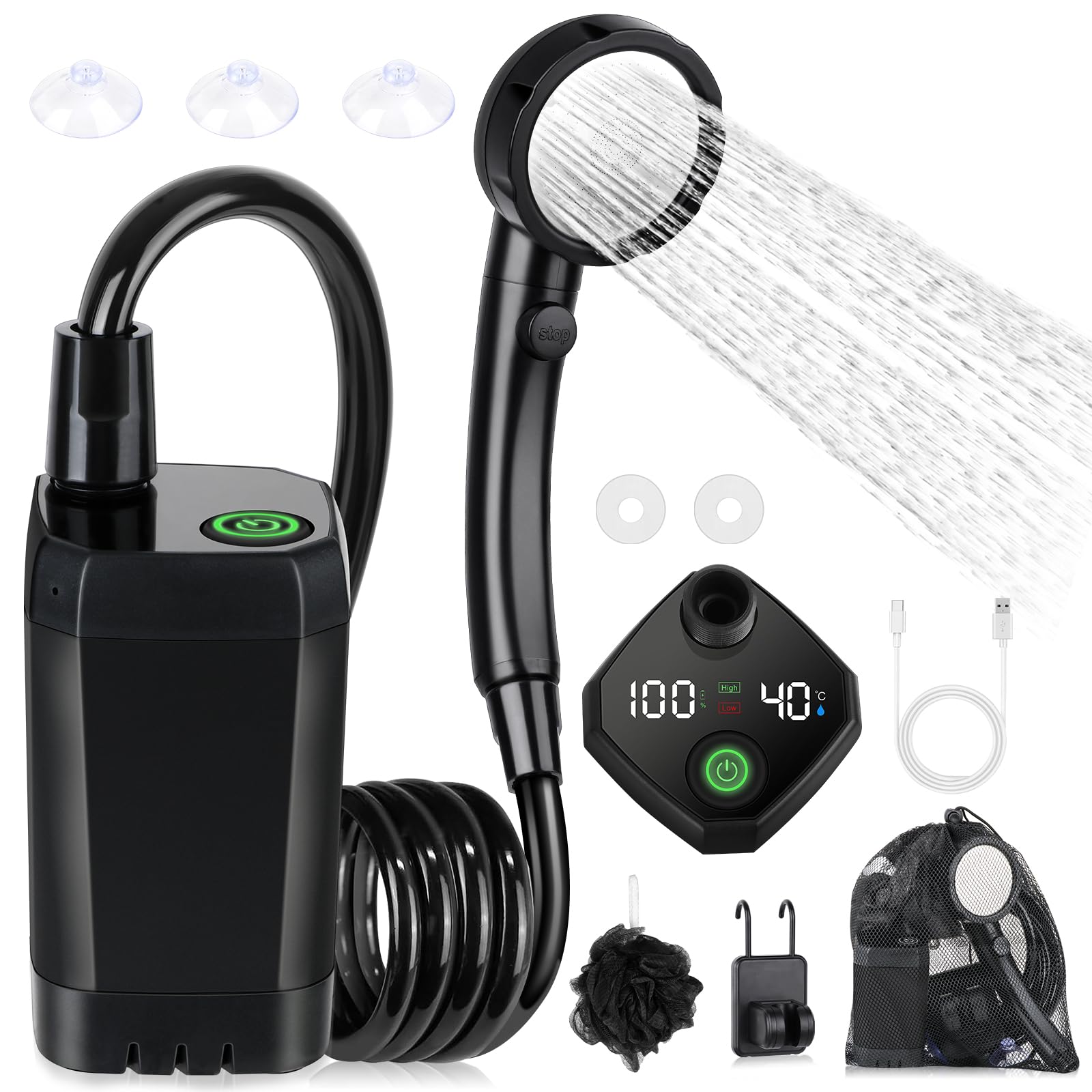 Spopal Portable Shower for Camping, [Long-Lasting] 6000mAh Rechargeable(Bk)
