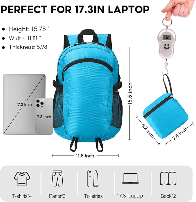 Small Hiking Daypack,15L Waterproof Hiking Backpack Packable Lightweight Travel Day Pack for Women Men (Blue, Small)